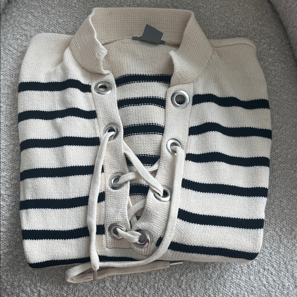 100% Cotton Striped Lace-Up Sweater